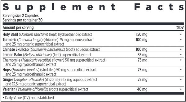 Ingredients of Zyflamend Nighttime dietary supplement - holy basil, turmeric, lemon balm